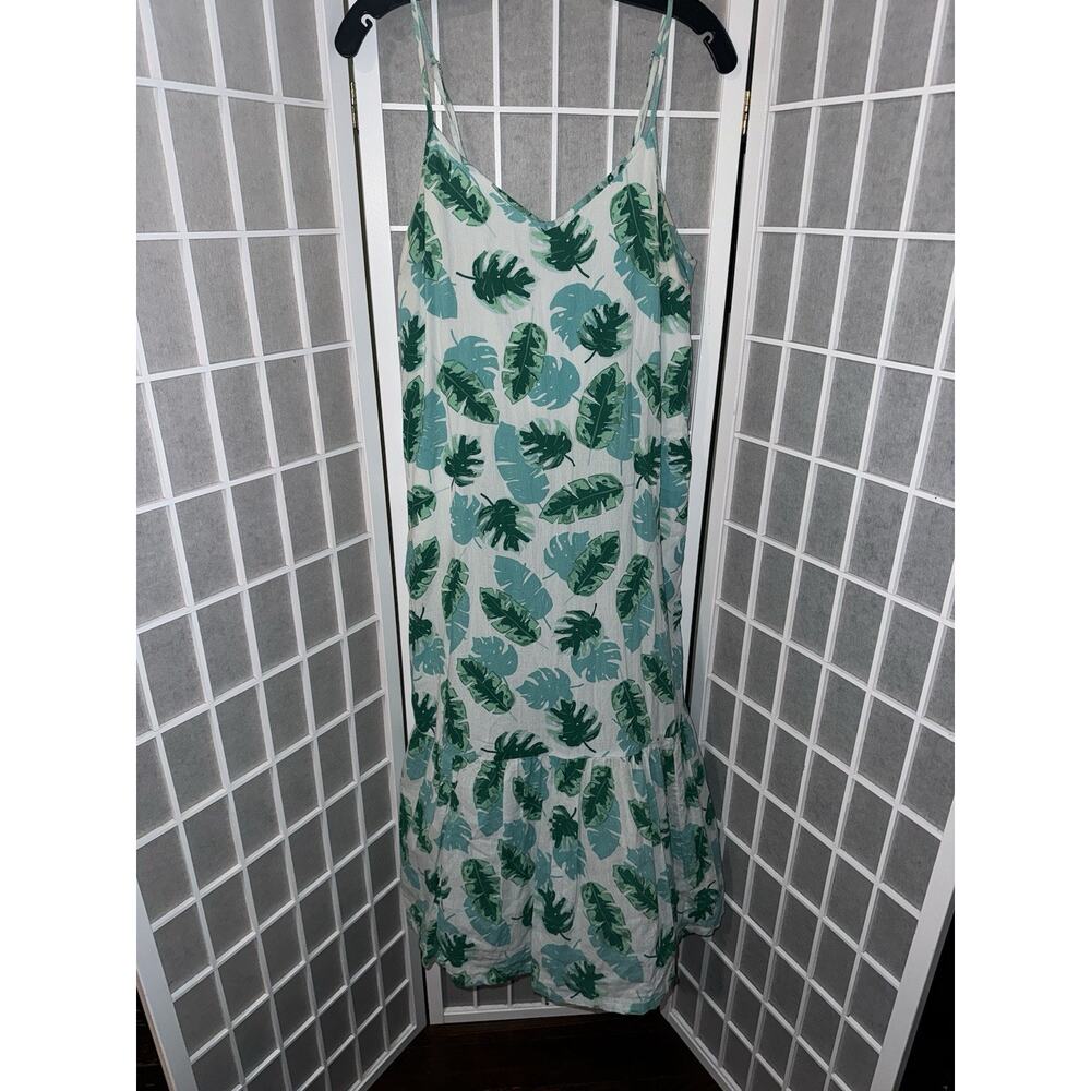 J.Crew Womens Green Tropical Leaf Print Cotton Midi Dress Size M Tiered Ruffle